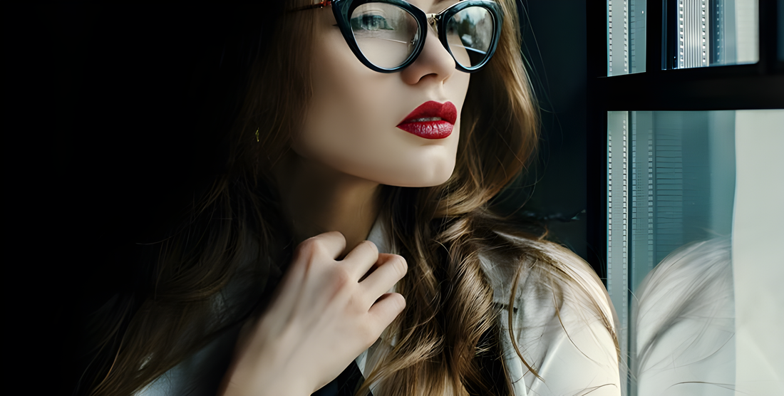 Donna con occhiali a gatto e rossetto rosso guarda fuori dalla finestra, stile vintage