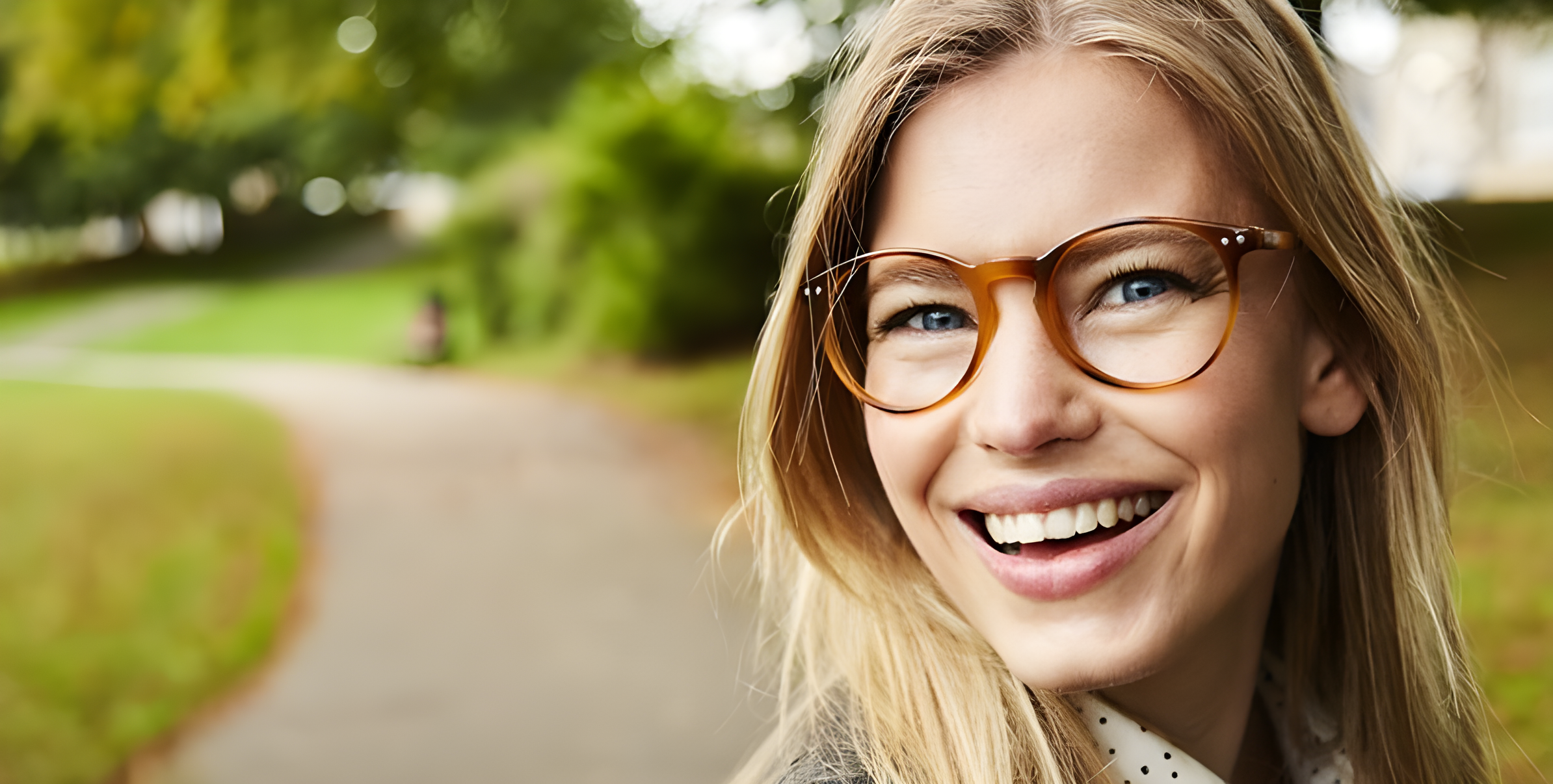 Donna bionda sorridente al parco con occhiali tondi tartarugati comodi da indossare