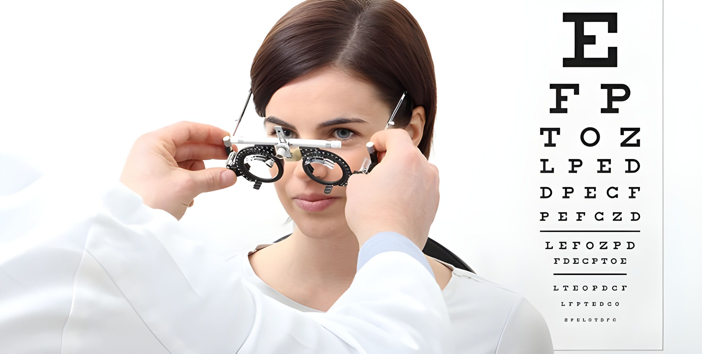 Optometrista regola la montatura di prova davanti alla tavola optometrica durante un controllo della vista