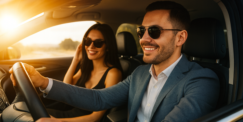 Coppia in auto al tramonto, l'uomo alla guida indossa occhiali da sole con lenti filtranti