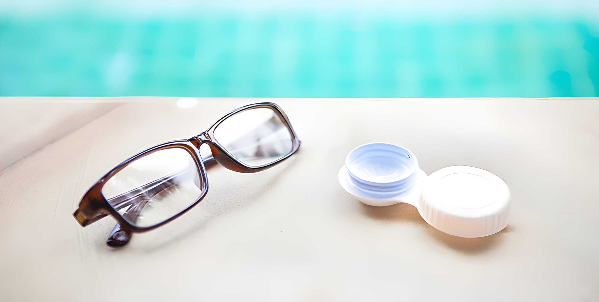 Occhiali da vista accanto a un porta-lenti a contatto sul bordo di una piscina