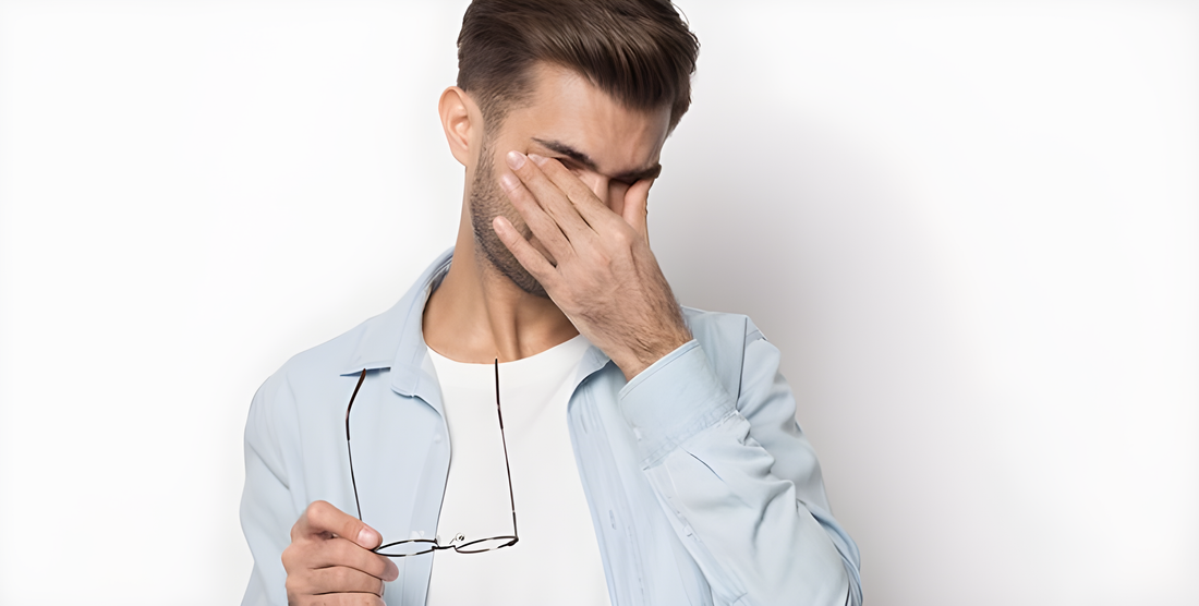 Uomo si copre l'occhio con la mano tenendo gli occhiali, fastidio da occhio secco