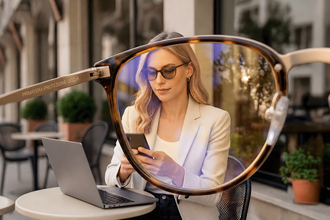 Donna con occhiali da sole e blazer chiaro usa lo smartphone seduta al bar