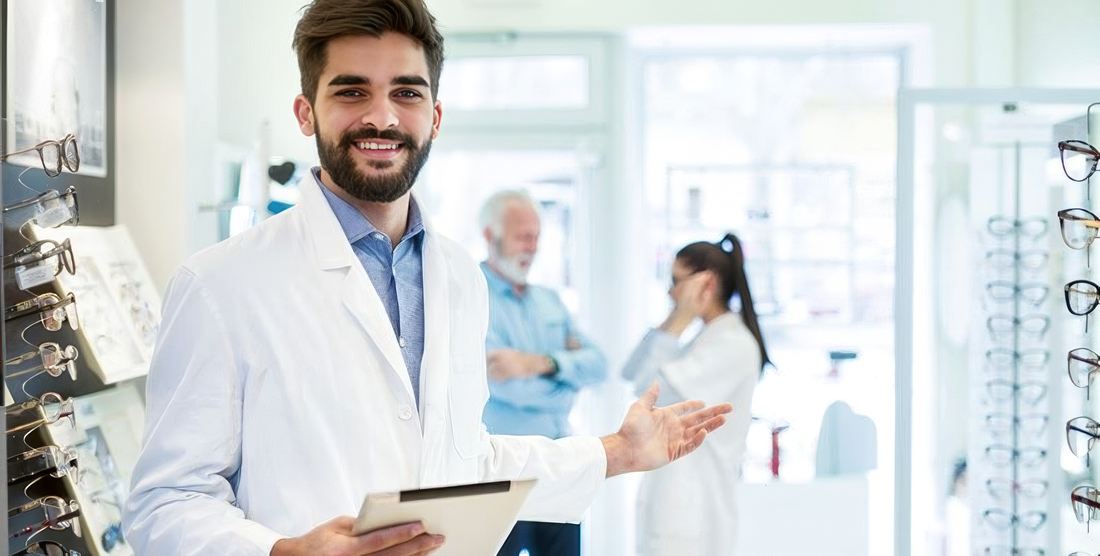 Ottico in camice con un tablet sorride nel negozio di ottica