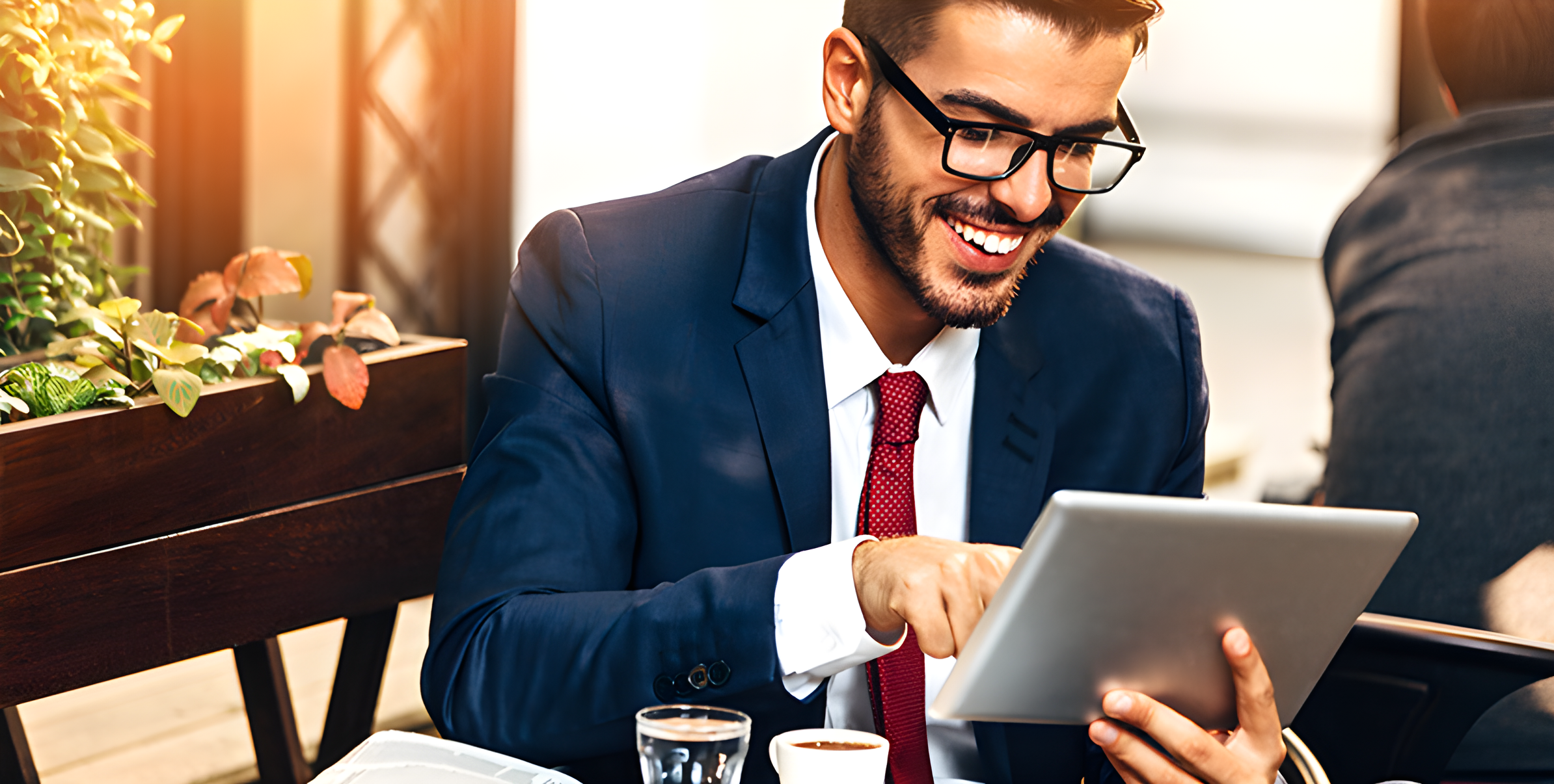Uomo in giacca e cravatta usa un tablet al bar, esposto alla luce blu dello schermo