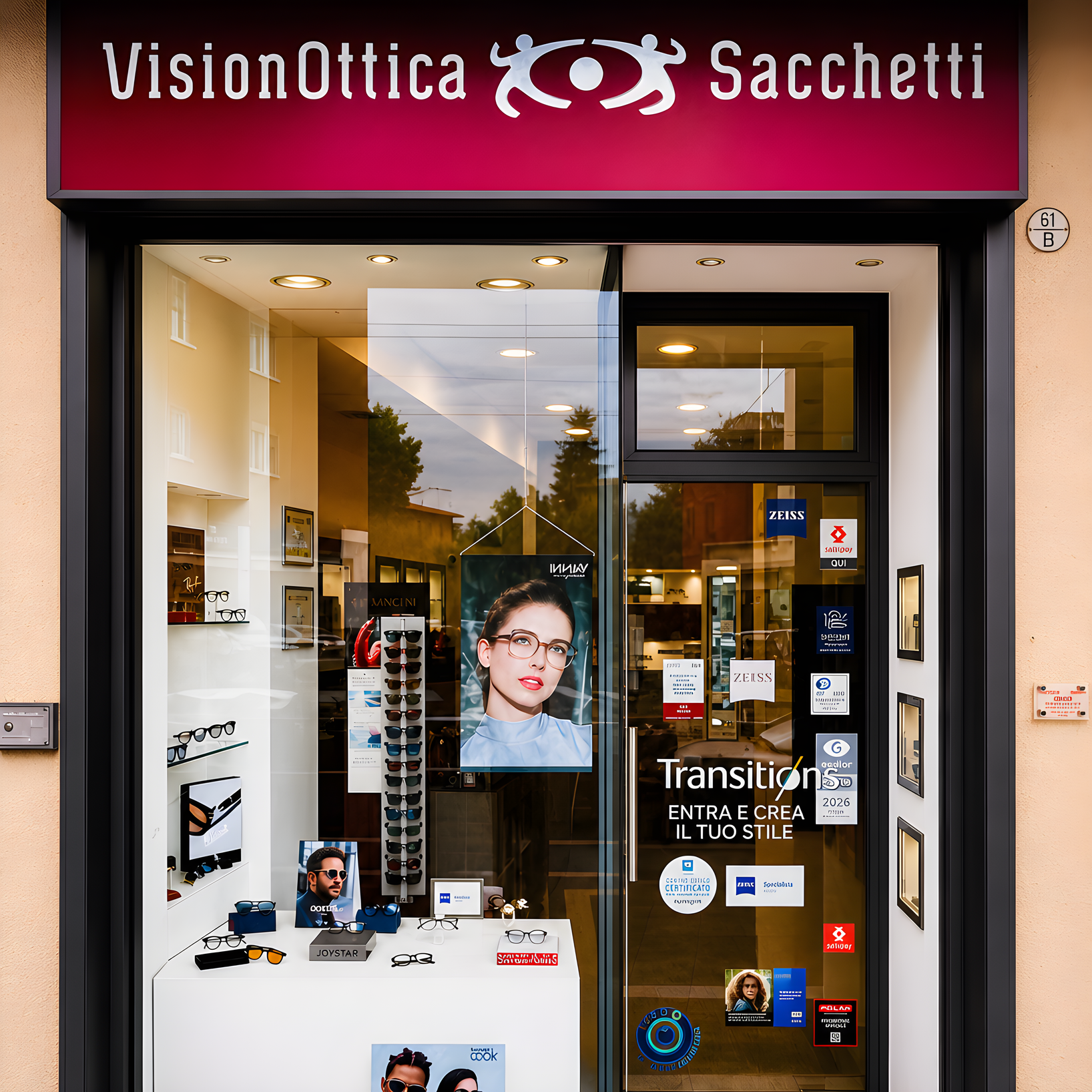 Vetrina del negozio VisionOttica Sacchetti di Bologna su strada con porta a vetri centrale, insegna bordeaux, espositori di montature e occhiali da sole, banner Transitions e poster promozionale 'Entra e crea il tuo stile'