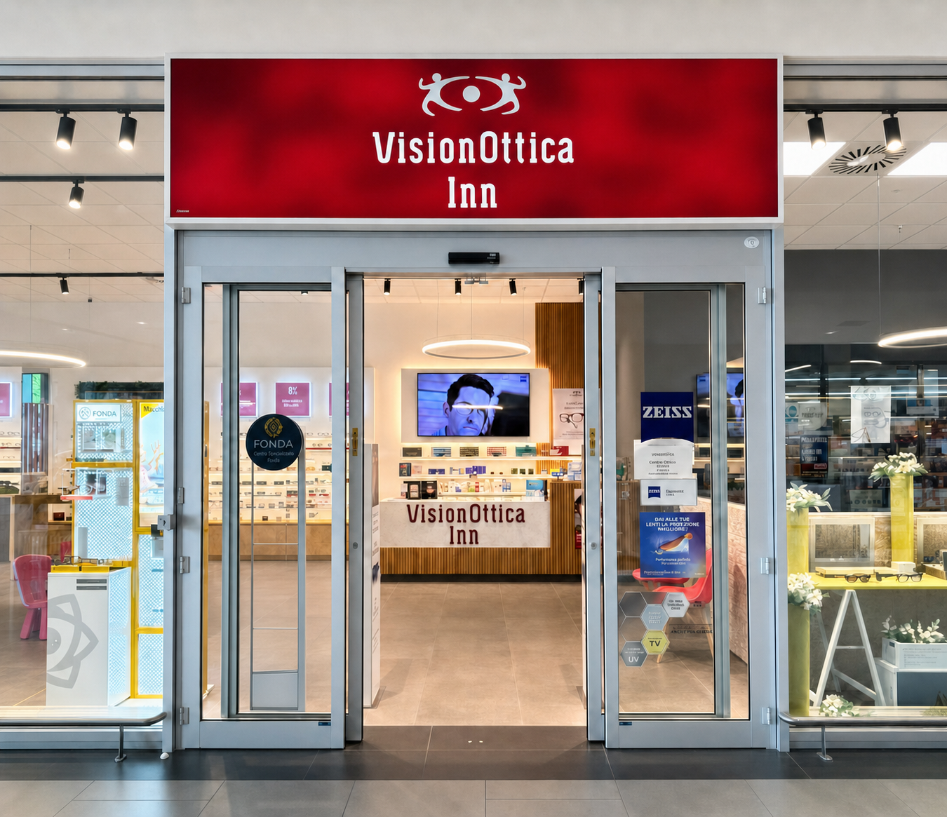 Ingresso del negozio VisionOttica Inn di Morciano di Romagna in centro commerciale con insegna rossa retroilluminata, porta automatica a vetri e interno con bancone e totem Zeiss