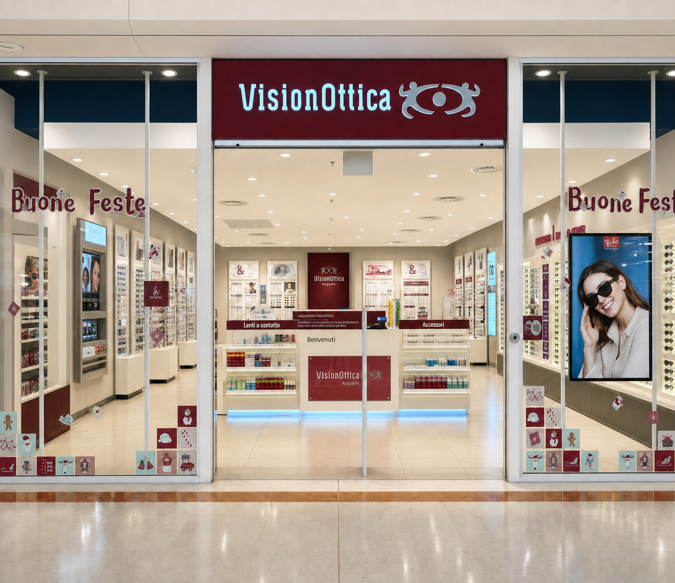 Vetrina del negozio VisionOttica Acquario di Vignate in centro commerciale con allestimento natalizio Buone Feste, poster modella con occhiali e insegna bordeaux