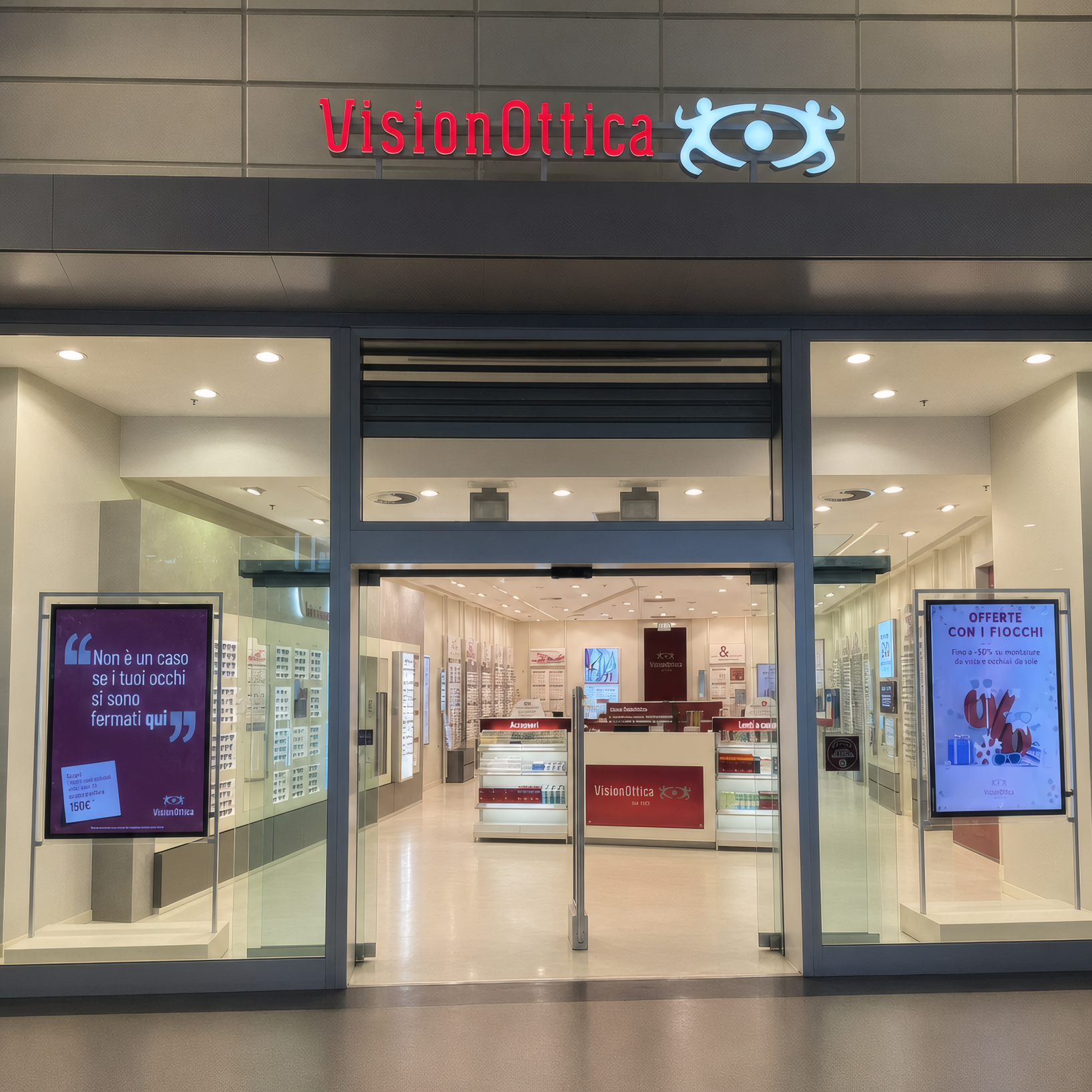 Ingresso del negozio VisionOttica Gli Orsi di Biella in centro commerciale con insegna bordeaux retroilluminata, vetrine laterali pulite e pannelli informativi ai lati del corridoio