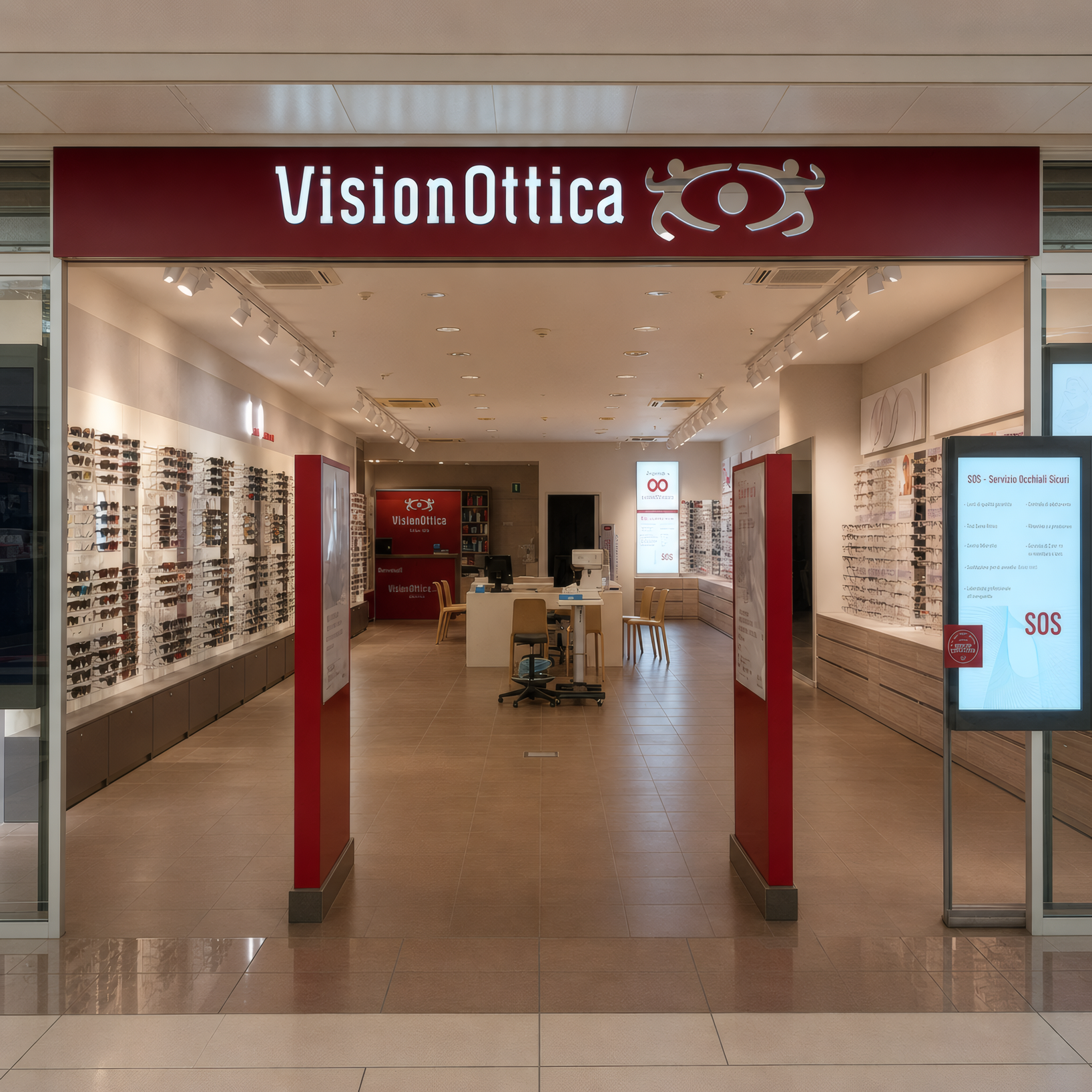 Ingresso del negozio VisionOttica Sedici Pini di Pomezia in centro commerciale con insegna bordeaux, colonne laterali rosse, ampi espositori a parete e totem SOS occhiali
