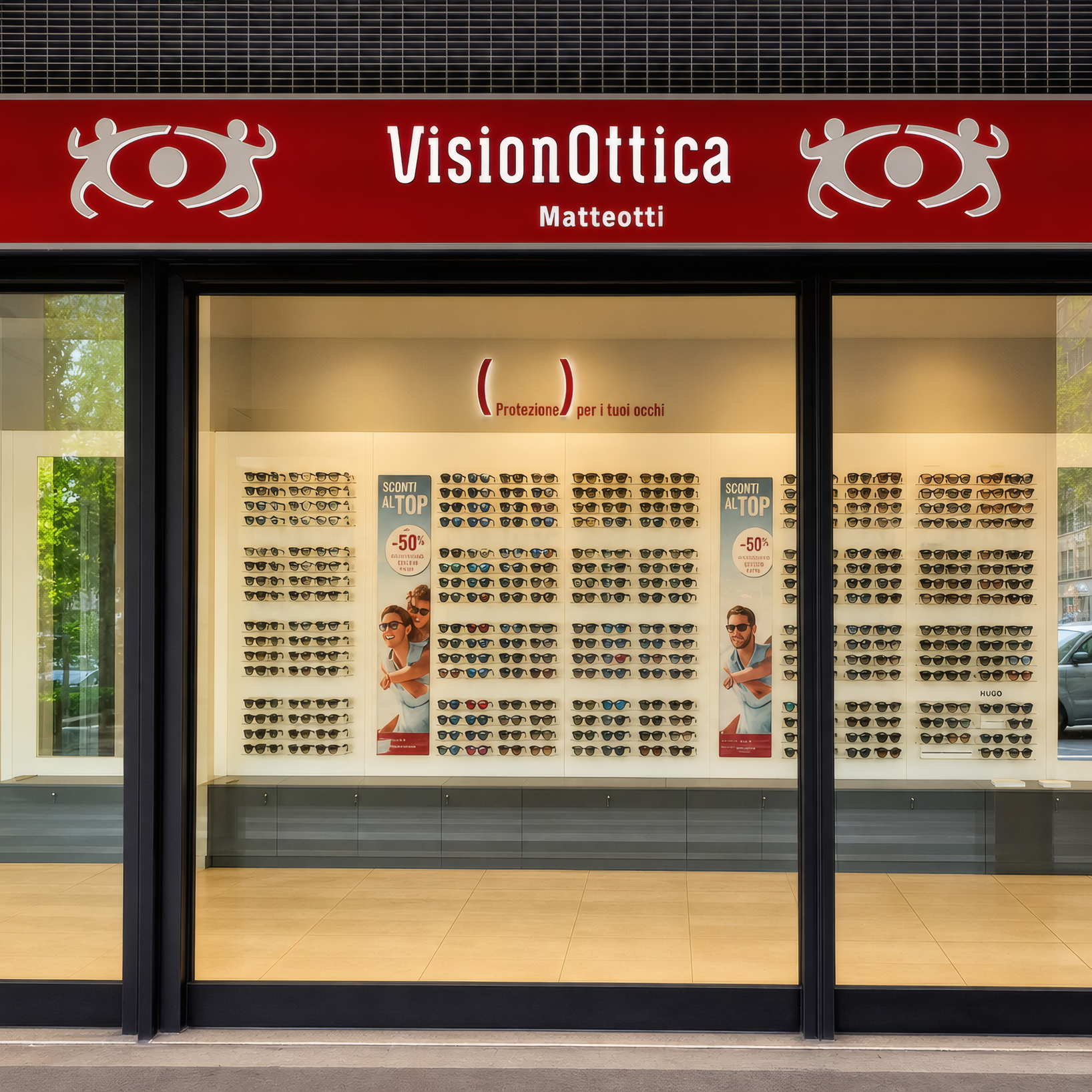 Vetrina del negozio VisionOttica Matteotti di Latina su strada con insegna bordeaux, ampia vetrata che mostra lunghi espositori di occhiali da vista e da sole con banner promozionali interni e offerte esposte