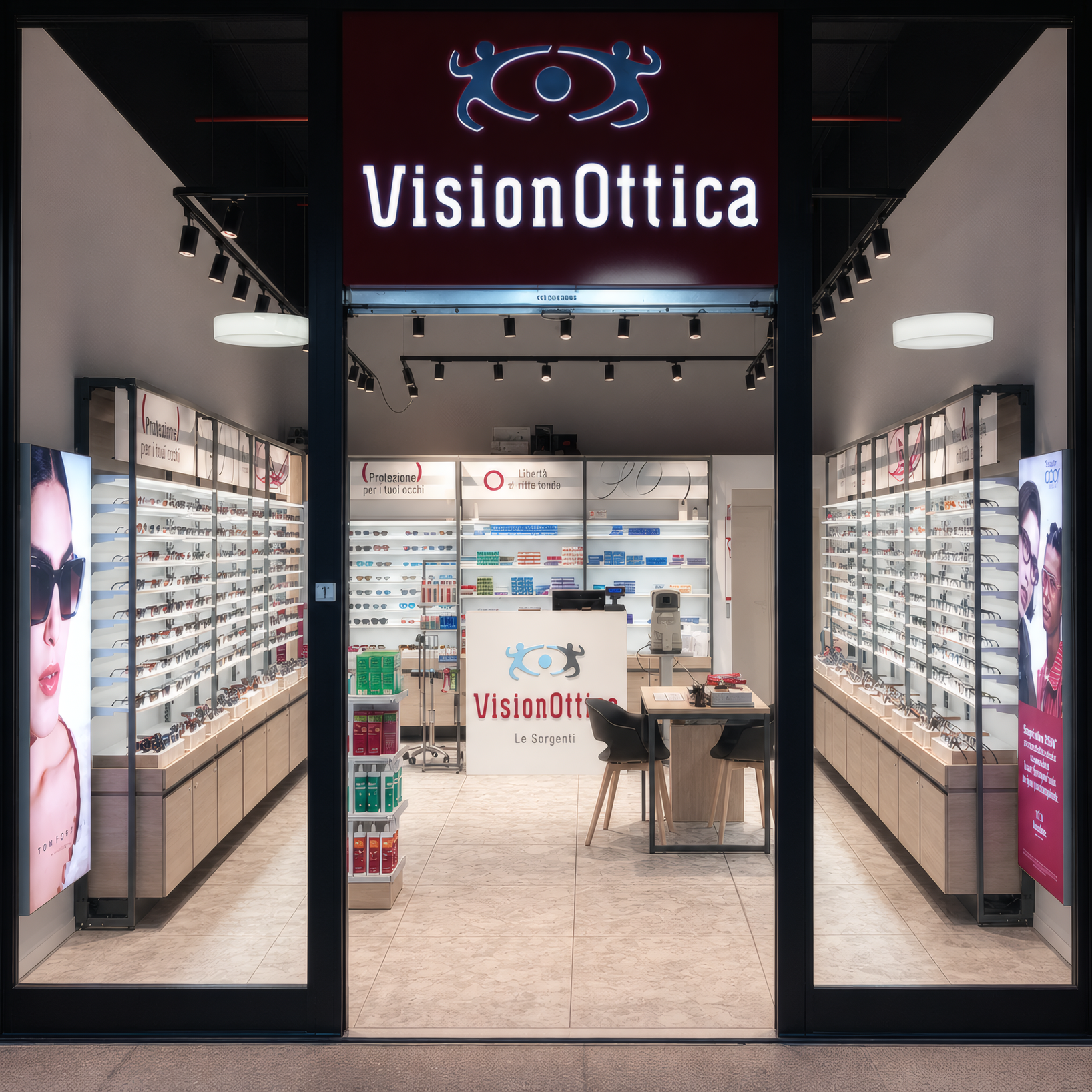 Ingresso del negozio VisionOttica Le Sorgenti di Frosinone in centro commerciale con insegna bordeaux su sfondo scuro, porta a vetri centrale affiancata da totem digitali con immagini di testimonial e scaffali di montature sulle pareti
