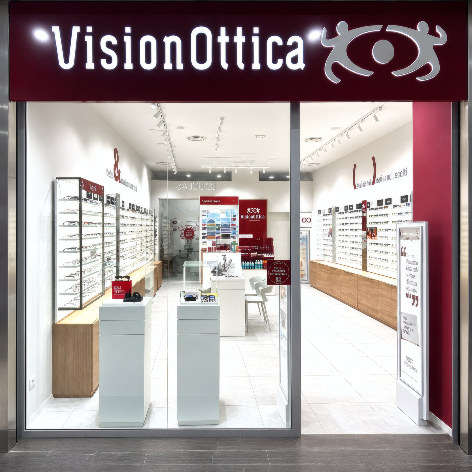 Ingresso del negozio VisionOttica Due Torri di Stezzano in centro commerciale con insegna bordeaux, vetrina aperta e bancone con espositori di occhiali su pareti bianche