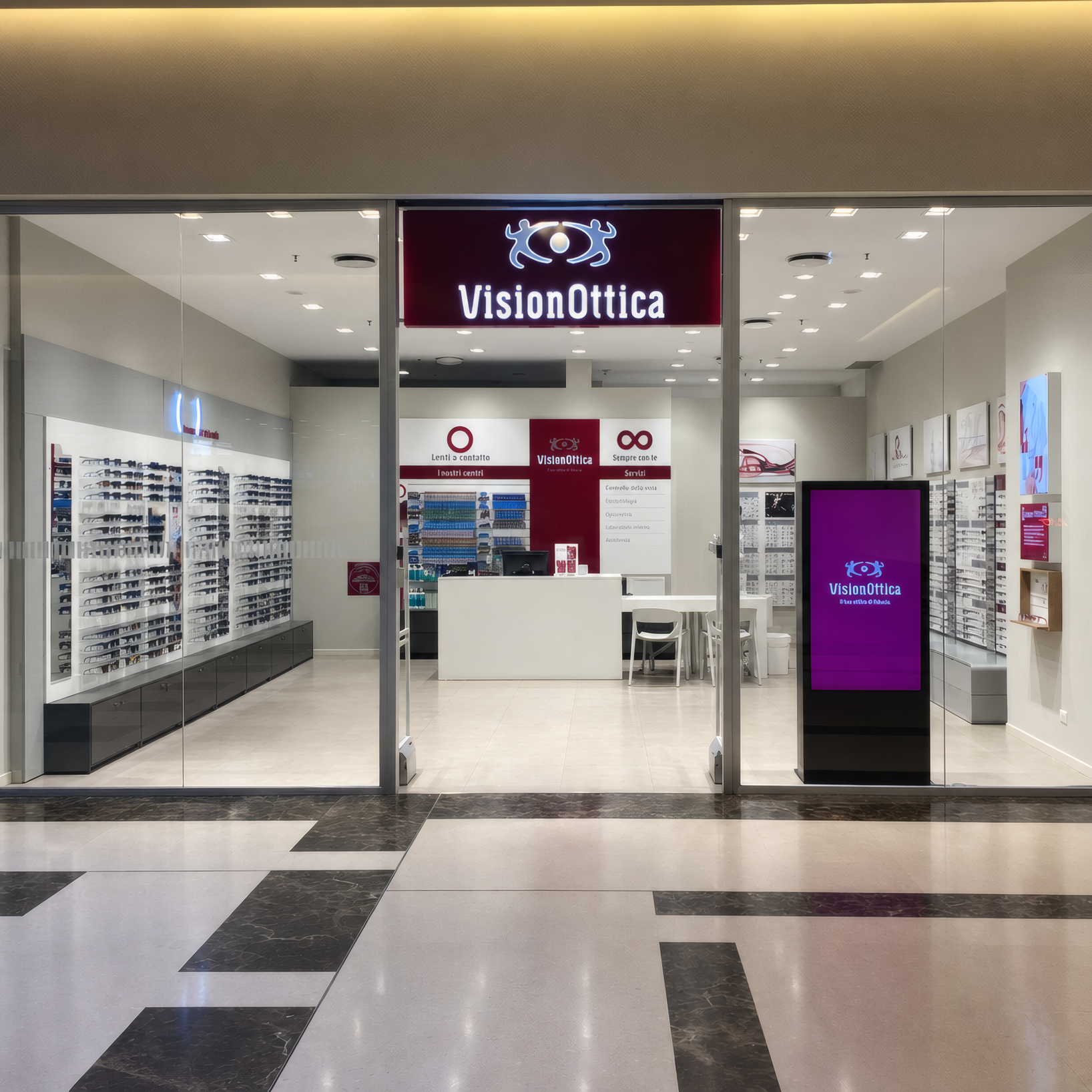 Ingresso del negozio VisionOttica Rondò dei Pini di Monza in centro commerciale con insegna bordeaux su fondo scuro, totem digitale laterale e scaffali di occhiali illuminati