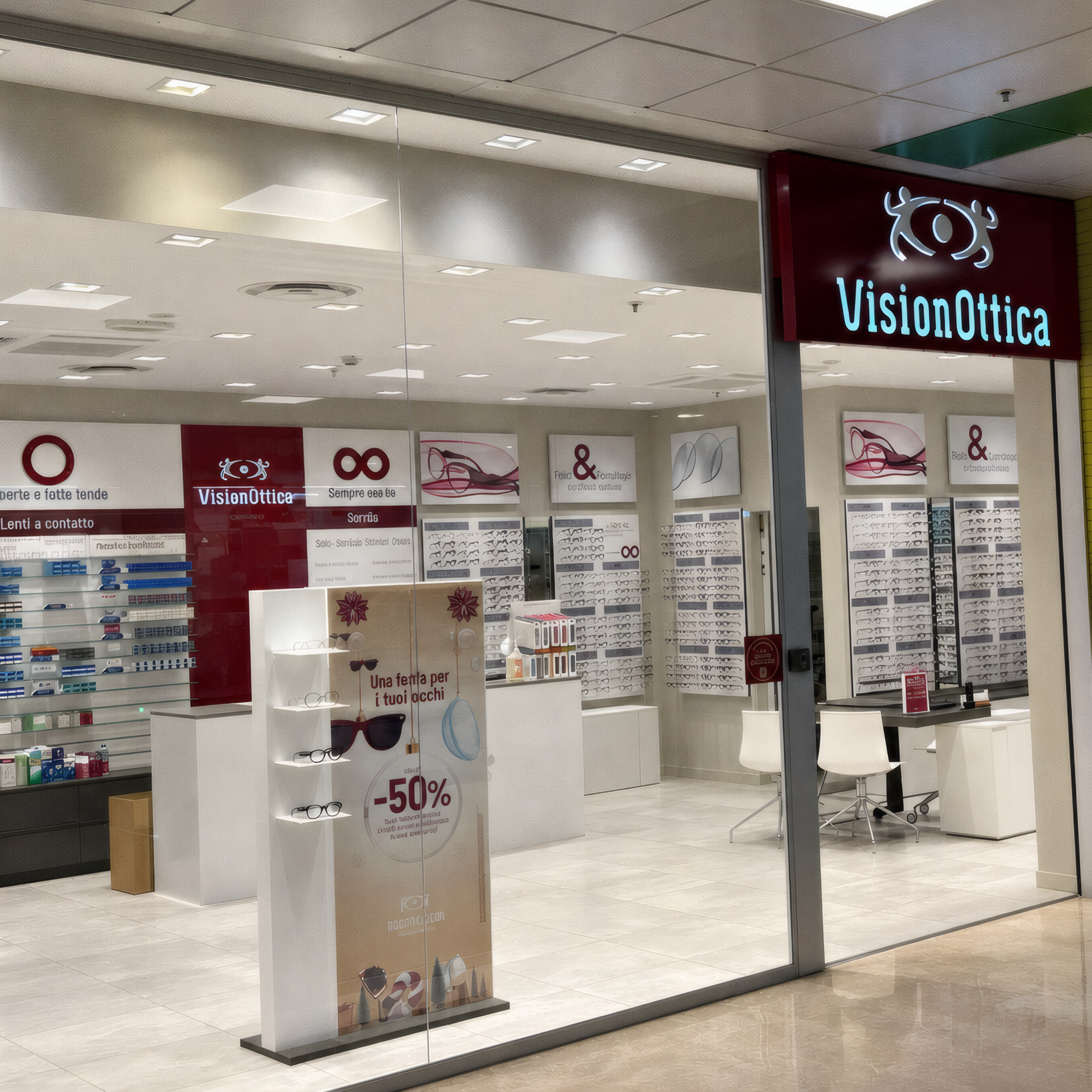 Ingresso del negozio VisionOttica Concesio di Concesio in centro commerciale con insegna bordeaux, banner promozionale -50% e scaffali di occhiali a parete con bancone laterale