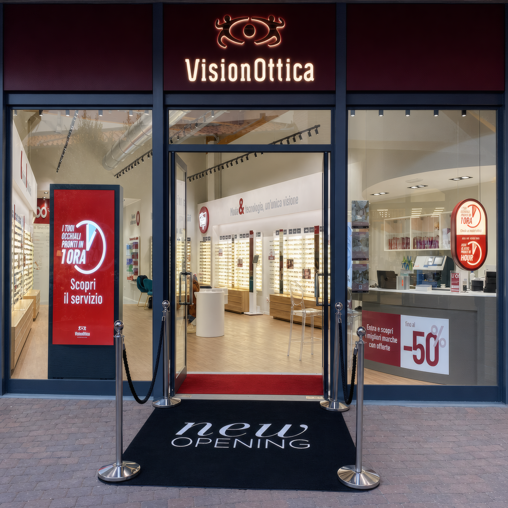 Ingresso del negozio VisionOttica Valdichiana di Foiano della Chiana su strada con insegna scura, porta a vetri aperta con tappeto New Opening e banner promozionale digitale laterale