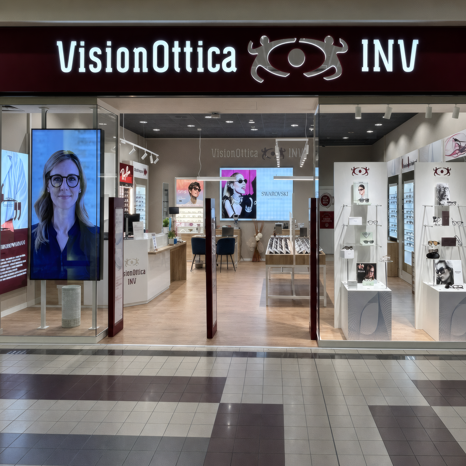 Ingresso del negozio VisionOttica INV di Lastra a Signa in centro commerciale con vetrina a tutta altezza, schermi digitali e espositori di occhiali