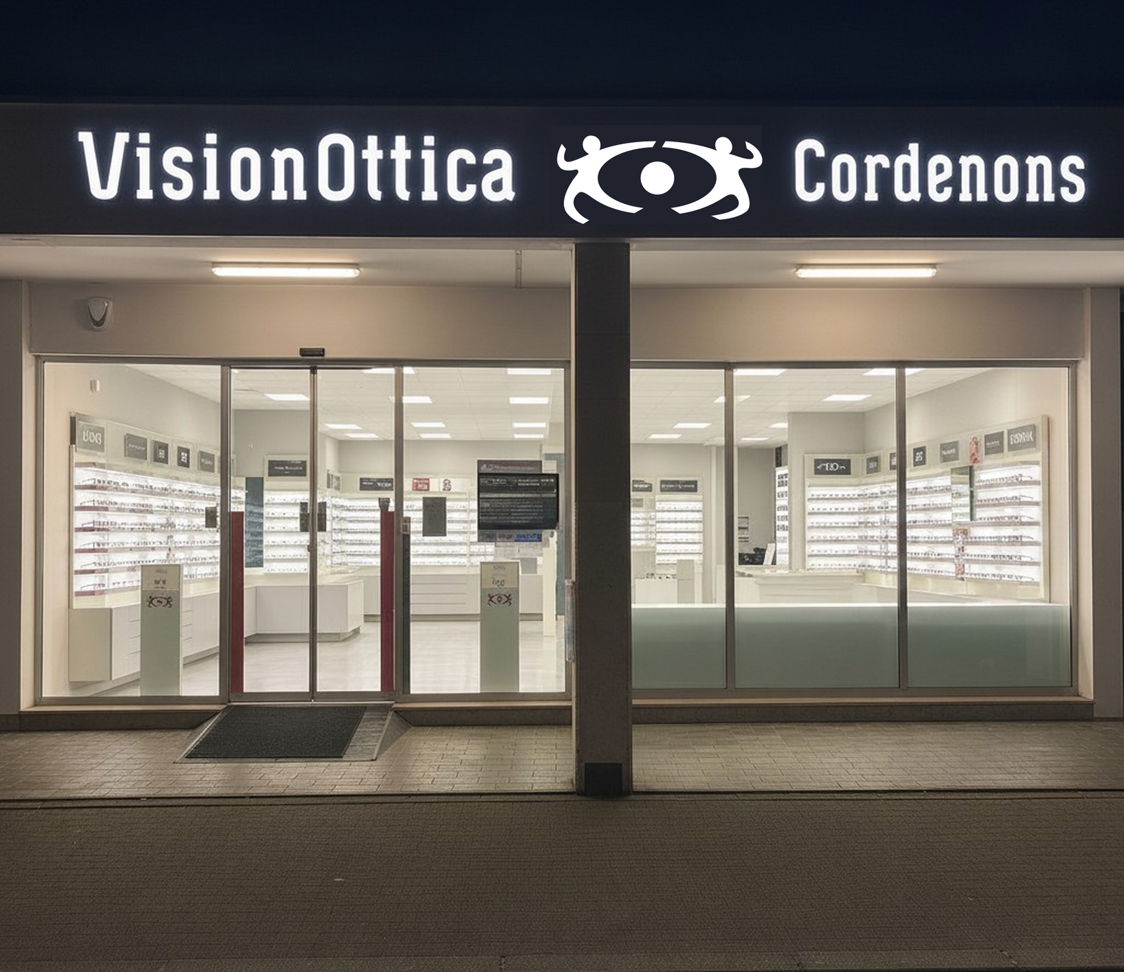 Facciata del negozio VisionOttica Cordenons di Cordenons su strada notturna con insegna luminosa bianca, ampie vetrate illuminate e espositori di montature